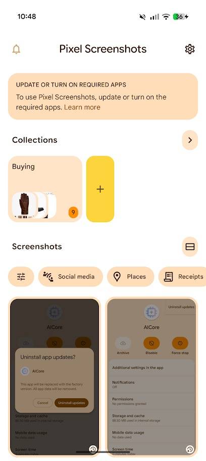 AICore alert in pixel screenshots