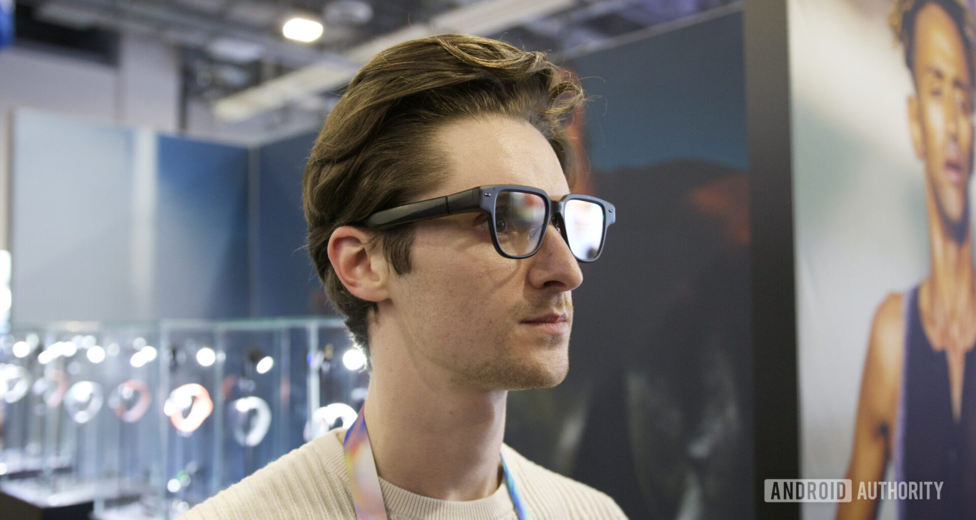 Someone wearing the Amazfit Helio smart glasses at CES 2026.