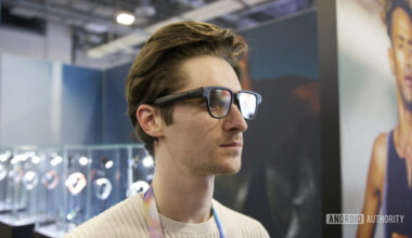 Someone wearing the Amazfit Helio smart glasses at CES 2026.