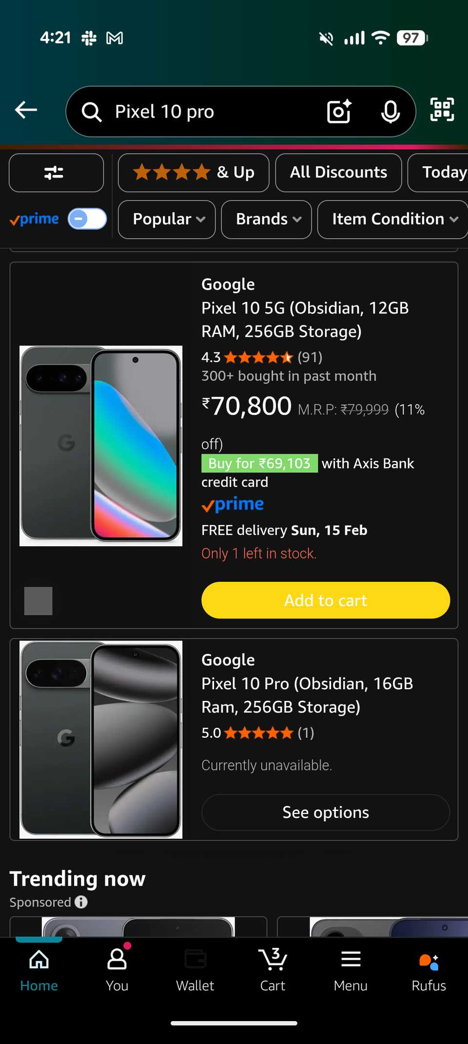 Amazon app listing Google Pixel 10 in dark theme