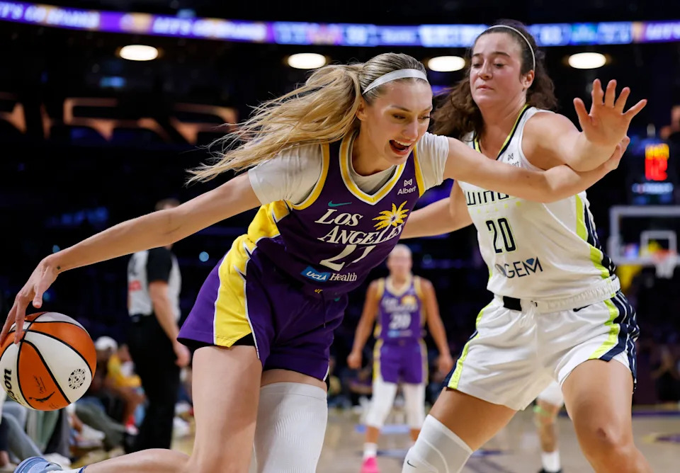 Cameron Brink of the Los Angeles Sparks reacts.