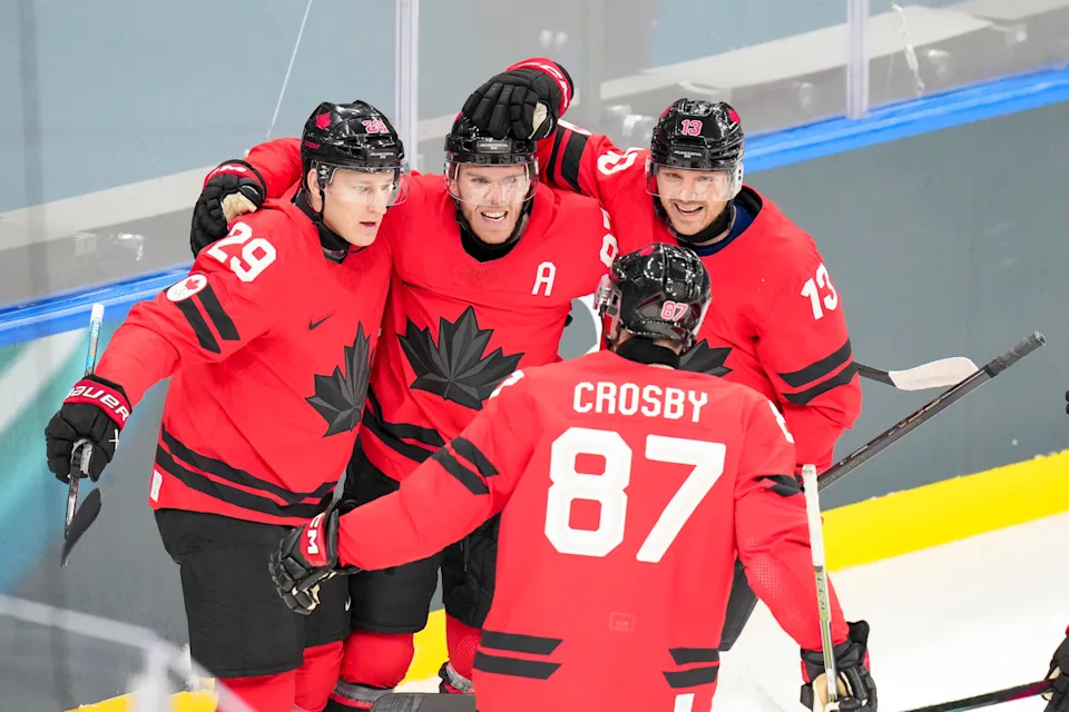 Milan, Italy - February 13: Connor McDavid of Canada celebrates after scoring his team's first goal with teammates during the Ice Hockey - Preliminary Round - Group A match between Canada and Switzerland at Milano Santagiulia Ice Hockey Arena on February 13, 2026 in Milan, Italy. (Photo by Alex Gottschalk/DeFodi Images/DeFodi via Getty Images)