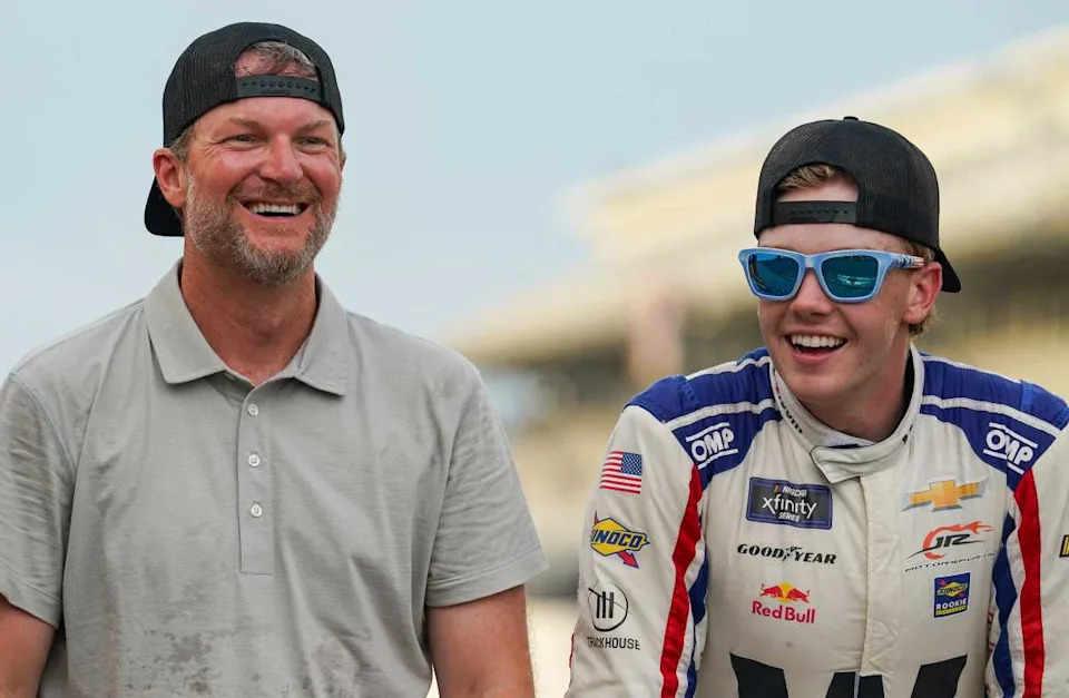Dale Earnhardt Jr. smiles for a photo with NASCAR Xfinity Series driver Connor Zilisch (88) on Saturday, July 26, 2025, after winning the Pennzoil 250 at Indianapolis Motor Speedway.Grace Hollars&sol;IndyStar &sol; USA TODAY NETWORK via Imagn Images