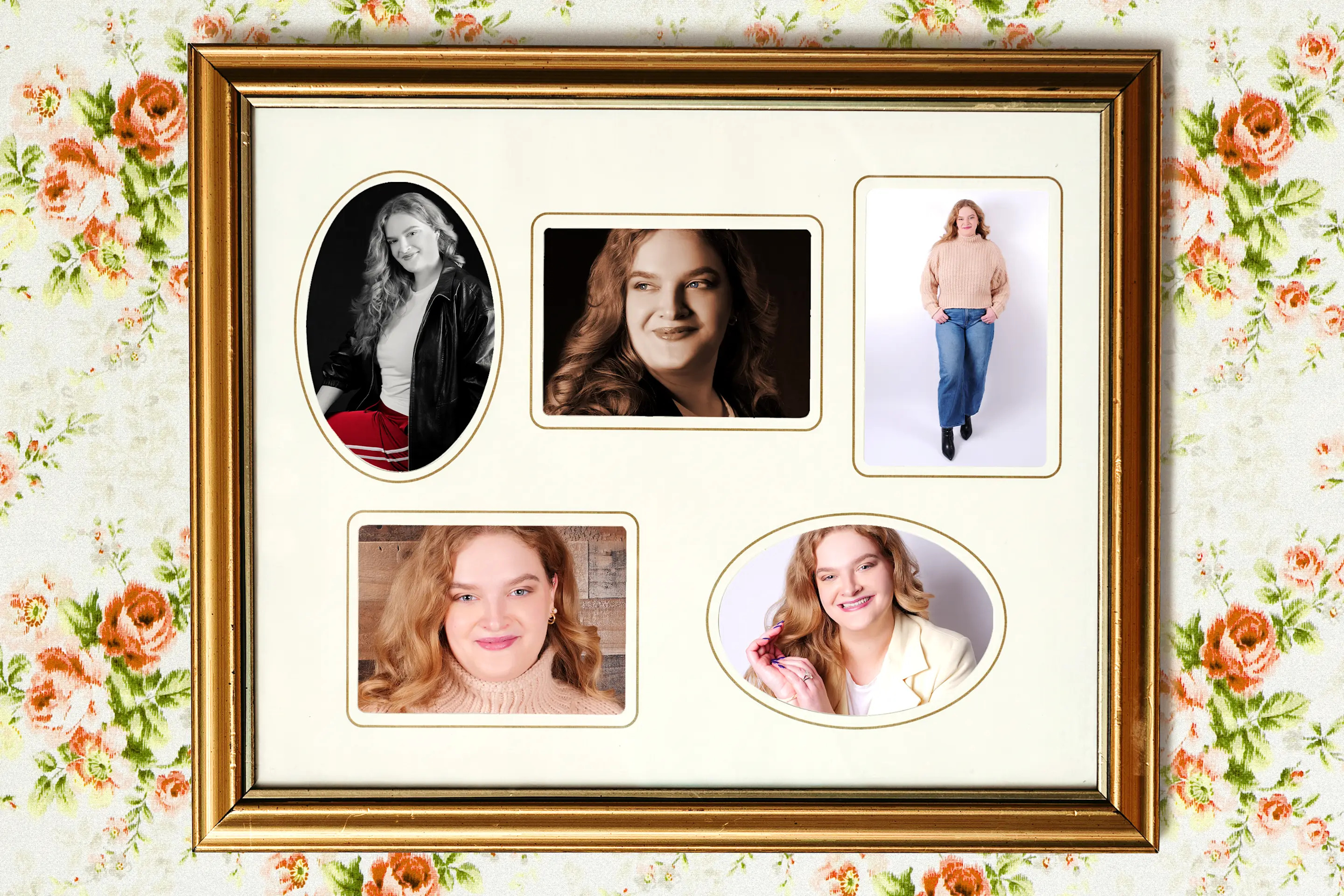 Framed photo on wall with rose-patterned wallpaper. Frame holds multiple photos of writer Kerry Justich. 