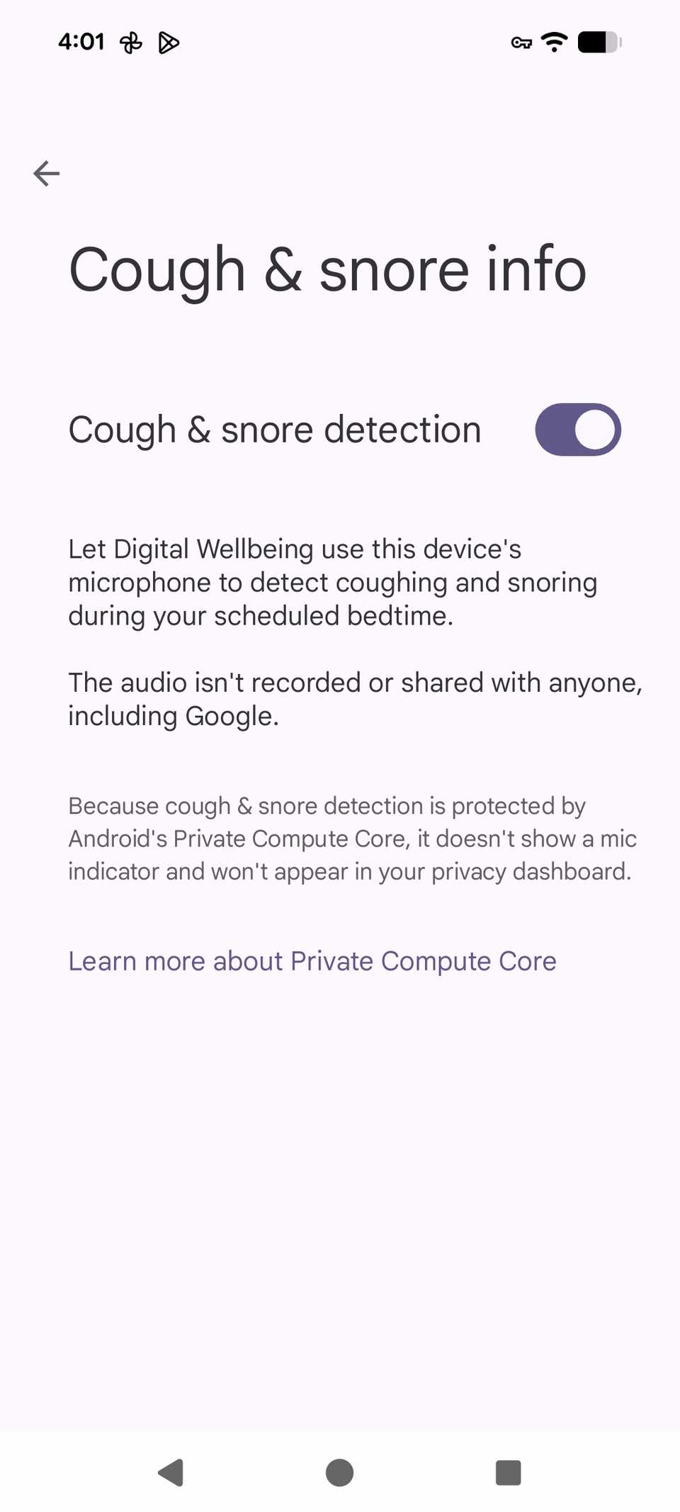 Toggled on Cough & snore detection in Google's Bedtime mode in Digital Wellbeing