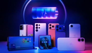 A group of phone bathed in purple light beneath a glowing oversized battery icon