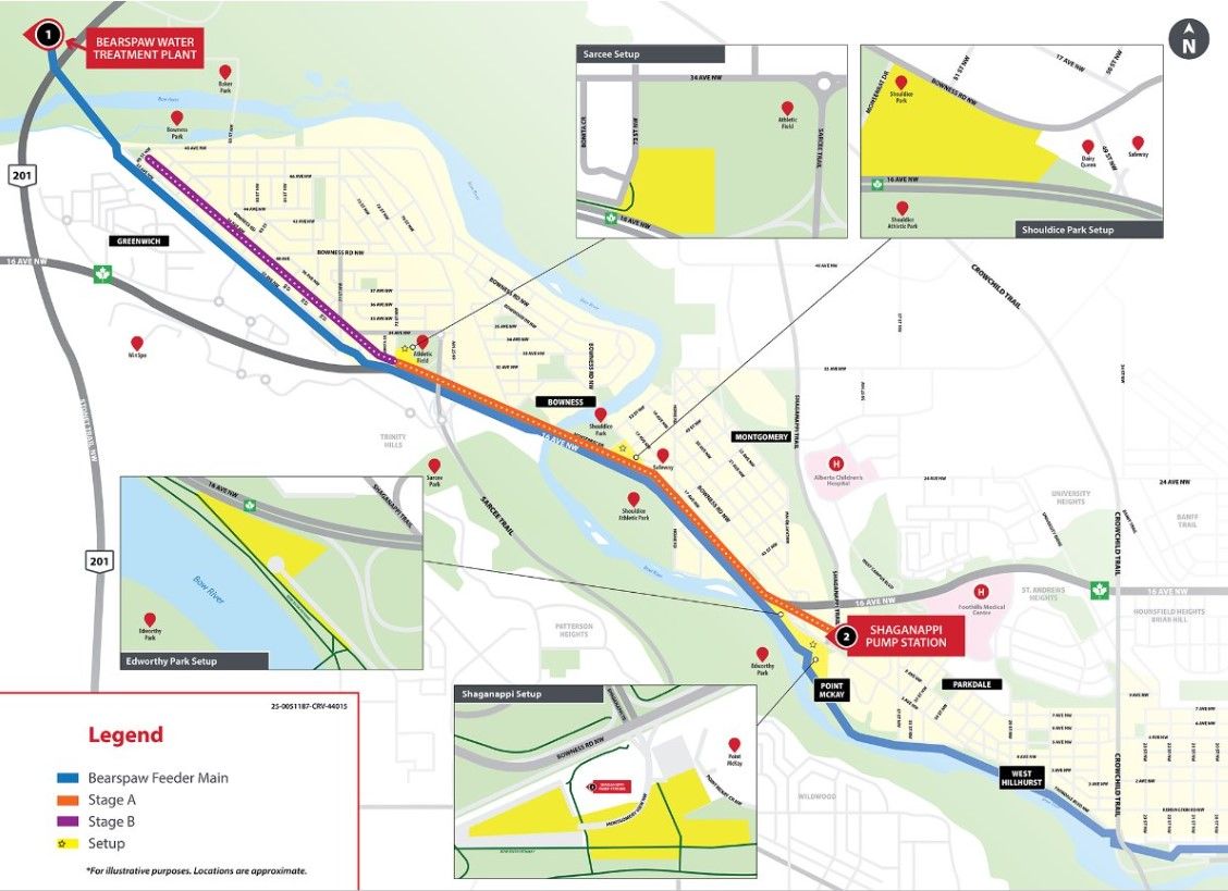 Map shows the alignment of the Bearspaw South Feeder Main from the Bearspaw Water Treatment Plant to the Shaganappi Pump Station, including reinforcement segments along 16 Avenue N.W. and setup areas. Locations are approximate, according to the City of Calgary.  If you want it tighter:  Map shows the Bearspaw South Feeder Main alignment and planned reinforcement segments along 16 Avenue N.W., according to the City of Calgary.  🔥 Why It Strengthens the St