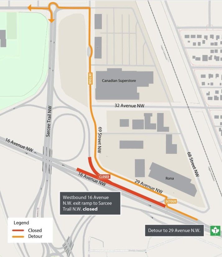 Map shows planned closure of the westbound 16 Avenue N.W. exit ramp to Sarcee Trail N.W. and detour routing via 29 Avenue N.W., according to the City of Calgary.