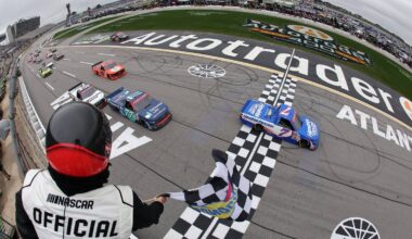 Kyle Busch, driver of the #7 HendrickCars.com Chevrolet, takes the checkered flag to win the NASCAR Craftsman Truck Series Fr8 Racing 208 at Echo Park Speedway on February 21, 2026 in Hampton, Georgia. (Photo by Jonathan Bachman/Getty Images)