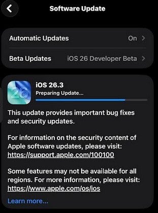 The software update notification for iOS 26.3.