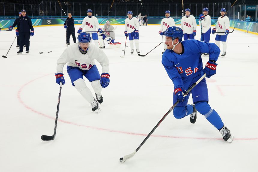 JT Miller and Jack Eichel of Team USA training on Sunday.