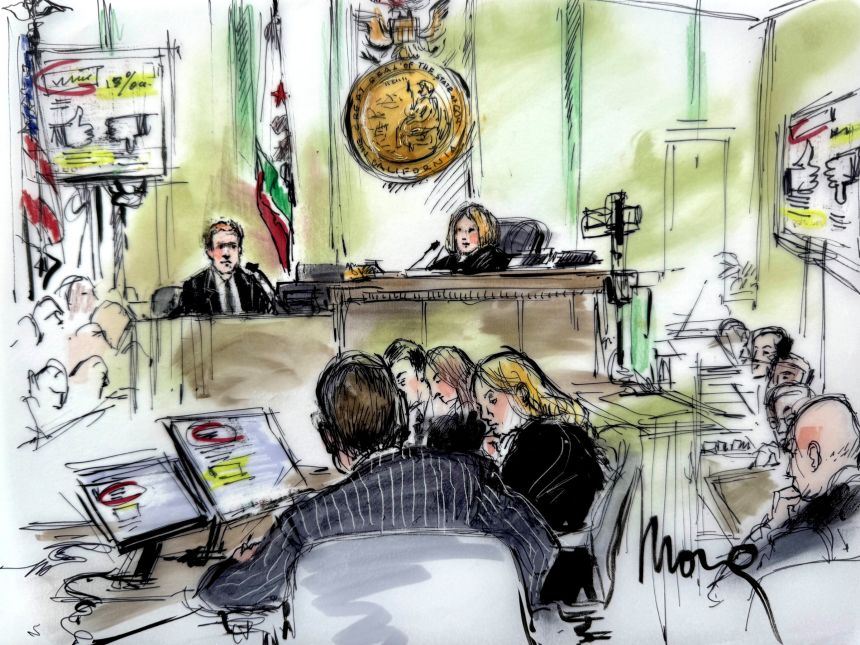 A sketch of Mark Zuckerberg testifying during the social media trial on February 18, 2026.