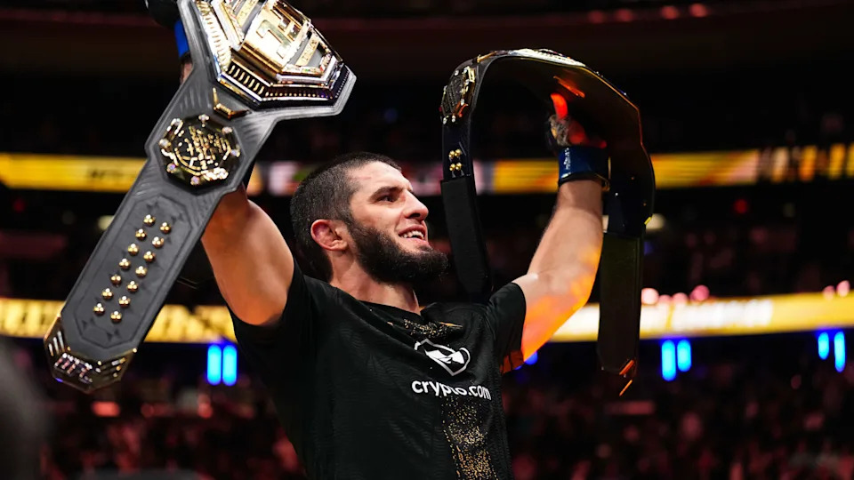 NEW YORK, NEW YORK - NOVEMBER 15: Islam Makhachev of Russia reacts to his win over Jack Della Maddalena of Australia in the UFC welterweight championship fight during the UFC 322 event at Madison Square Garden on November 15, 2025 in New York City. (Photo by Chris Unger/Zuffa LLC)