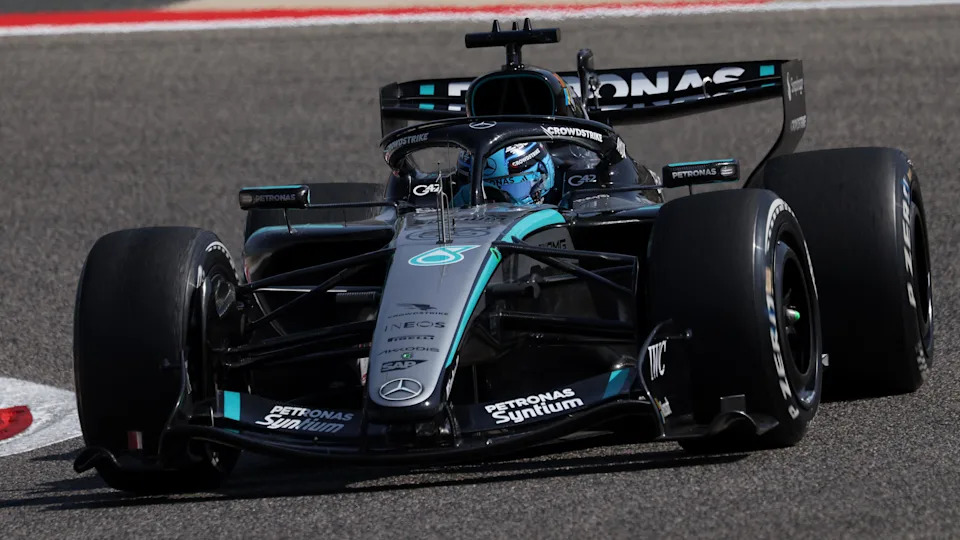 George Russell drives the 2026 Mercedes on track in Bahrain during pre-season testing 