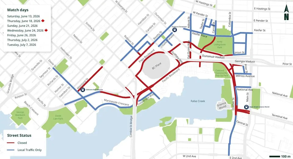 This graphic from Vancouver hosting committee shows a number of roads around B.C. Place that will be closed to traffic on matchdays during the World Cup.