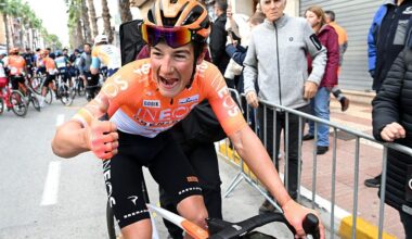 SAN VICENTE DEL RASPEIG, SPAIN - FEBRUARY 06: Stage winner Andrew August of United States and Team INEOS Grenadiers reacts after the 77th Volta Comunitat Valenciana 2026, Stage 3 a 158km stage from Orihuela to San Vicente del Raspeig 115m on February 06, 2026 in San Vicente del Raspeig, Spain. (Photo by Szymon Gruchalski/Getty Images)