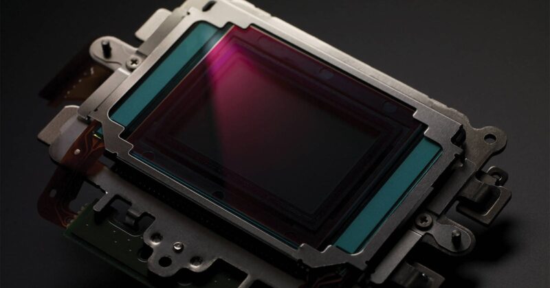 Close-up of a digital camera image sensor on a dark surface, showing its rectangular glass-covered area surrounded by metal and electronic components, with a faint purple reflection on the sensor.