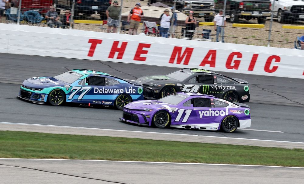 Carson Hocevar, No. 77 Spire Motorsports Chevrolet; Denny Hamlin, No. 11 Joe Gibbs Racing Toyota; Ty Gibbs, No. 54 Joe Gibbs Racing Toyota