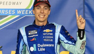 Carson Hocevar, driver of the #7 Delaware Life Chevrolet, celebrates in victory lane after winning the NASCAR Craftsman Truck Series Heart of Health Care 200 at Kansas Speedway on May 10, 2025 in Kansas City, Kansas. (Photo by Chris Graythen/Getty Images)