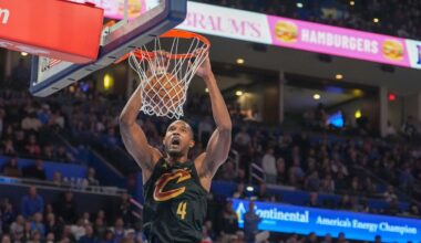 Cleveland Cavaliers center Evan Mobley dunks during the second half of an NBA basketball game against the Oklahoma City Thunder, Sunday, Feb. 22, 2026, in Oklahoma City. (AP Photo/Kyle Phillips)
