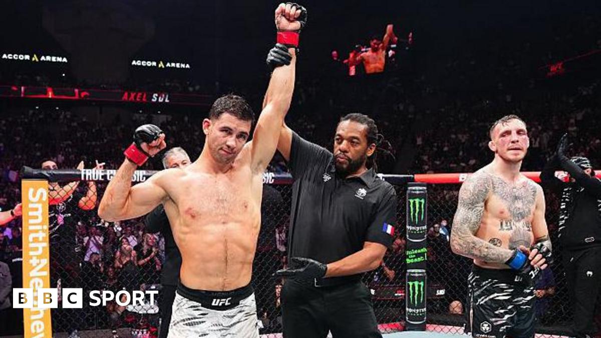 Axel Sola of France reacts after his victory over Rhys McKee of Northern Ireland in their welterweight fight