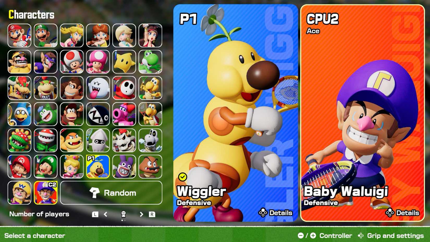 The roster menu in Mario Tennis Fever.