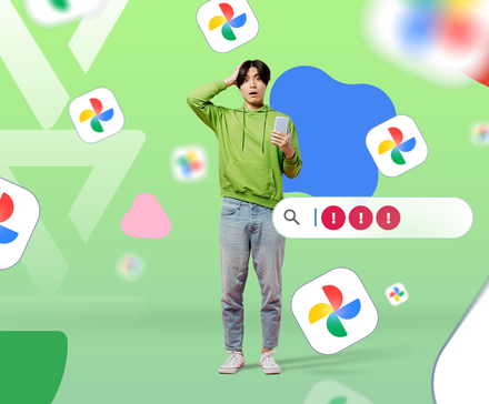 Confused man holding a phone surrounded by Google Photos icons and a search bar with error alerts.
