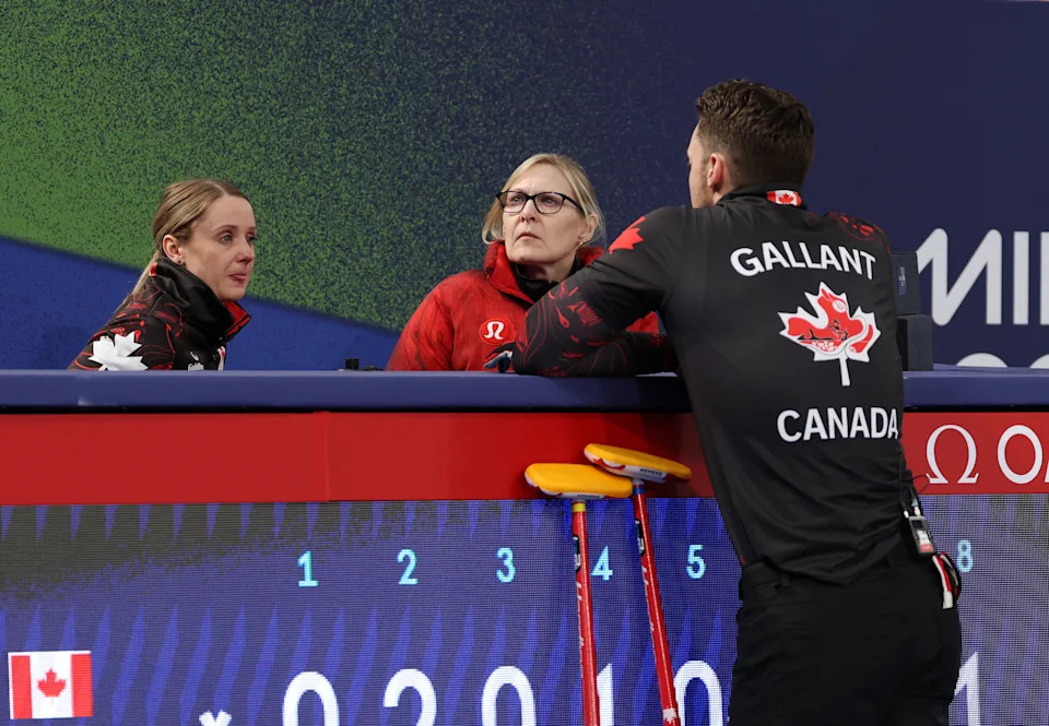 Milano Cortina 2026 Olympics - Curling - Mixed Doubles Round Robin Session 11 - Canada vs Sweden - Cortina Curling Olympic Stadium, Cortina d'Ampezzo, Italy - February 08, 2026. Jocelyn Peterman of Canada reacts after loosing with Brett Gallant of Canada against Rasmus Wranaa of Sweden and Isabella Wranaa of Sweden REUTERS/Issei Kato