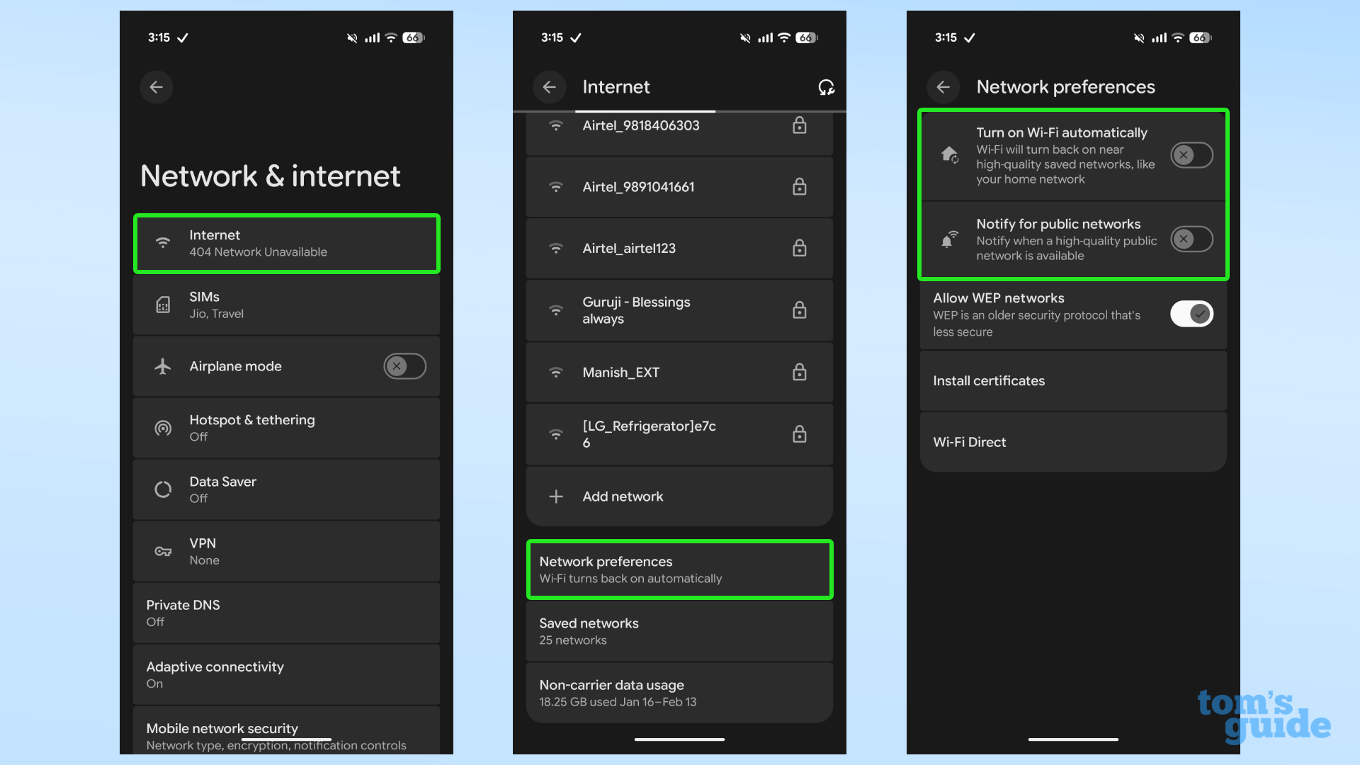 Screenshots showing how to disable automatic WiFi switch-on on a Google Pixel