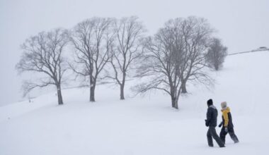Pedestrians walk through snow during a winter storm that closed schools and delayed travel in Halifax on Monday, Jan. 26, 2026. THE CANADIAN PRESS/Darren Calabrese