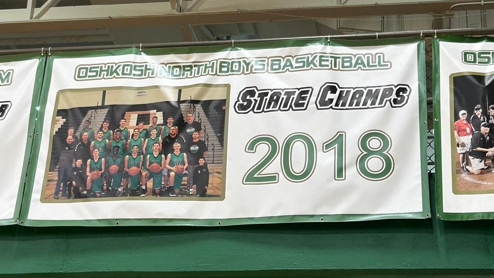 The state champion banner for Oshkosh North Boys Basketball when Haliburton was on the team. February 5, 2026. (WLUK/Josh Cavender)