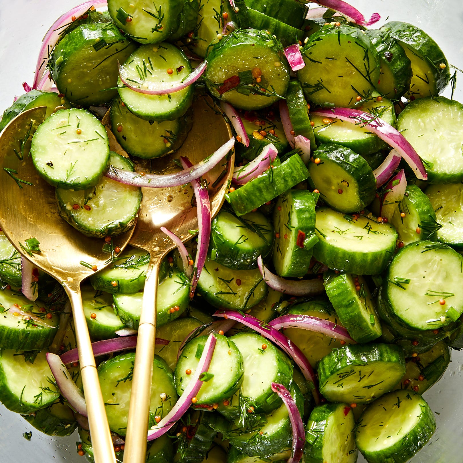 a salad bowl filled with sliced cucumber rounds and thinly sliced raw red onion tossed in a dressing made with whole mustard seeds and chopped fresh dill and chives