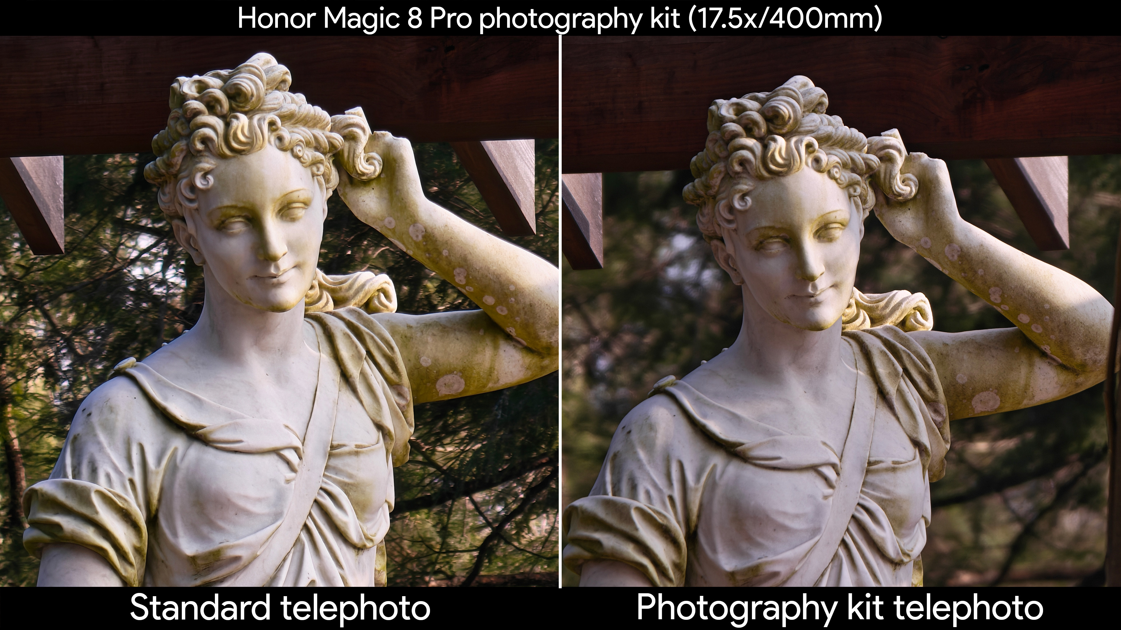 Taking a portrait shot of the Diana statue to compare the Honor Magic 8 Pro's built-in telephoto lens with the official photography kit's telephoto extender