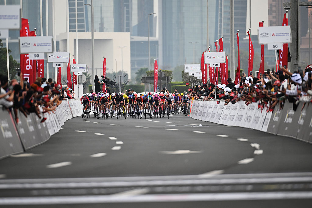 ABU DHABI, UNITED ARAB EMIRATES - FEBRUARY 07: A general view of Lorena Wiebes of Netherlands and Team SD Worx - Protime - Red Leader Jersey, Lara Gillespie of Ireland and Team UAE ADQ - Green Points Jersey, Amalie Dideriksen of Denmark and Team Cofidis Women, Nienke Veenhoven of Netherlands and Team Visma | Lease a Bike, Vittoria Guazzini of Italy and Team FDJ United - SUEZ, Chiara Consonni of Italy and Team CANYON/SRAM zondacrypto, Georgia Baker of Australia and Team Liv Allua Jayco, Charlotte Kool of Netherlands and Team Fenix-Premier Tech sprint at finish line during the 4th UAE Tour Women 2026, Stage 3 a 145km stage from Abu Dhabi TeamLab Phenomena to Abu Dhabi Breakwater on February 07, 2026 in Abu Dhabi, United Arab Emirates. (Photo by Tim de Waele/Getty Images)