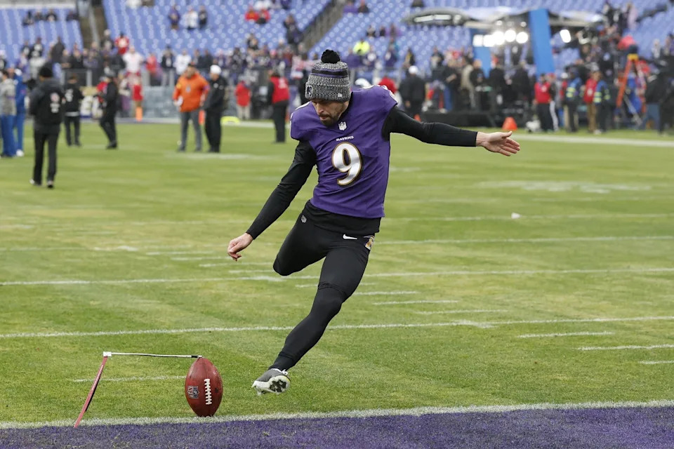 Jan 28, 2024; Baltimore, Maryland, USA; Baltimore Ravens place kicker Justin Tucker (9) warms up prior to the AFC Championship football game against the Kansas City Chiefs at M&T Bank Stadium. Mandatory Credit: Geoff Burke-USA TODAY Sports