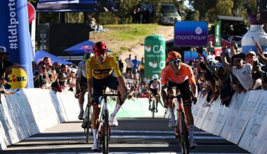 LOULE, PORTUGAL - FEBRUARY 22: (L-R) Juan Ayuso of Spain and Team Lidl - Trek - Yellow leader jersey celebrates at finish line as stage winner ahead of Oscar Onley of Great Britain and Team INEOS Grenadiers during the 52nd Volta ao Algarve em Bicicleta 2026, Stage 5 a 148.4km stage from Faro to Malhao - Loule 512m on February 22, 2026 in Loule, Portugal. (Photo by Dario Belingheri/Getty Images)