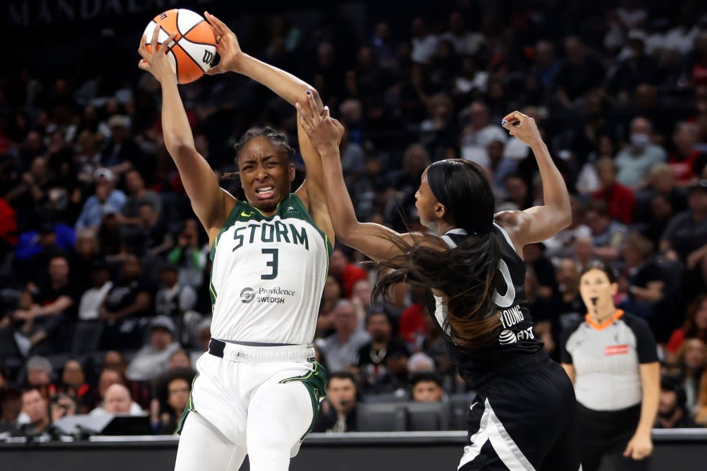Nneka Ogwumike of the Seattle Storm grabs a rebound against Jackie Young #0 of the Las Vegas Aces in the second quarter of Game Three of the 2025 WNBA Playoffs first round at Michelob ULTRA Arena on September 18, 2025 in Las Vegas, Nevada. Getty Images