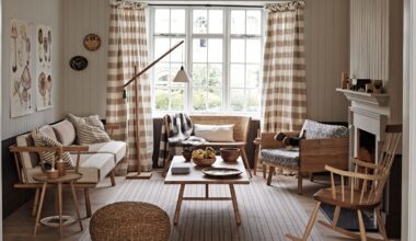 Scandi style living room with gingham curtains, wooden rocking chairs, cream sofa, angular floor lamp and rattan pouf