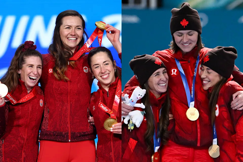 After winning gold in 2022 at the Beijing Games, Ivanie Blondin, ValĂ©rie Maltais and Isabelle Weidemann are back on the podium after defending their title in 2026. (Credit: Elsa/Getty Images, Stefano Guidi/Getty Images)