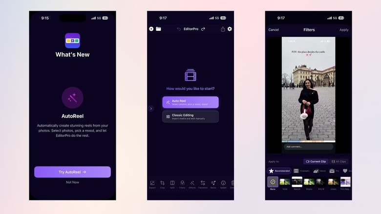 EditorPro app screens showing AutoReel, editing options, and video filters on iPhone
