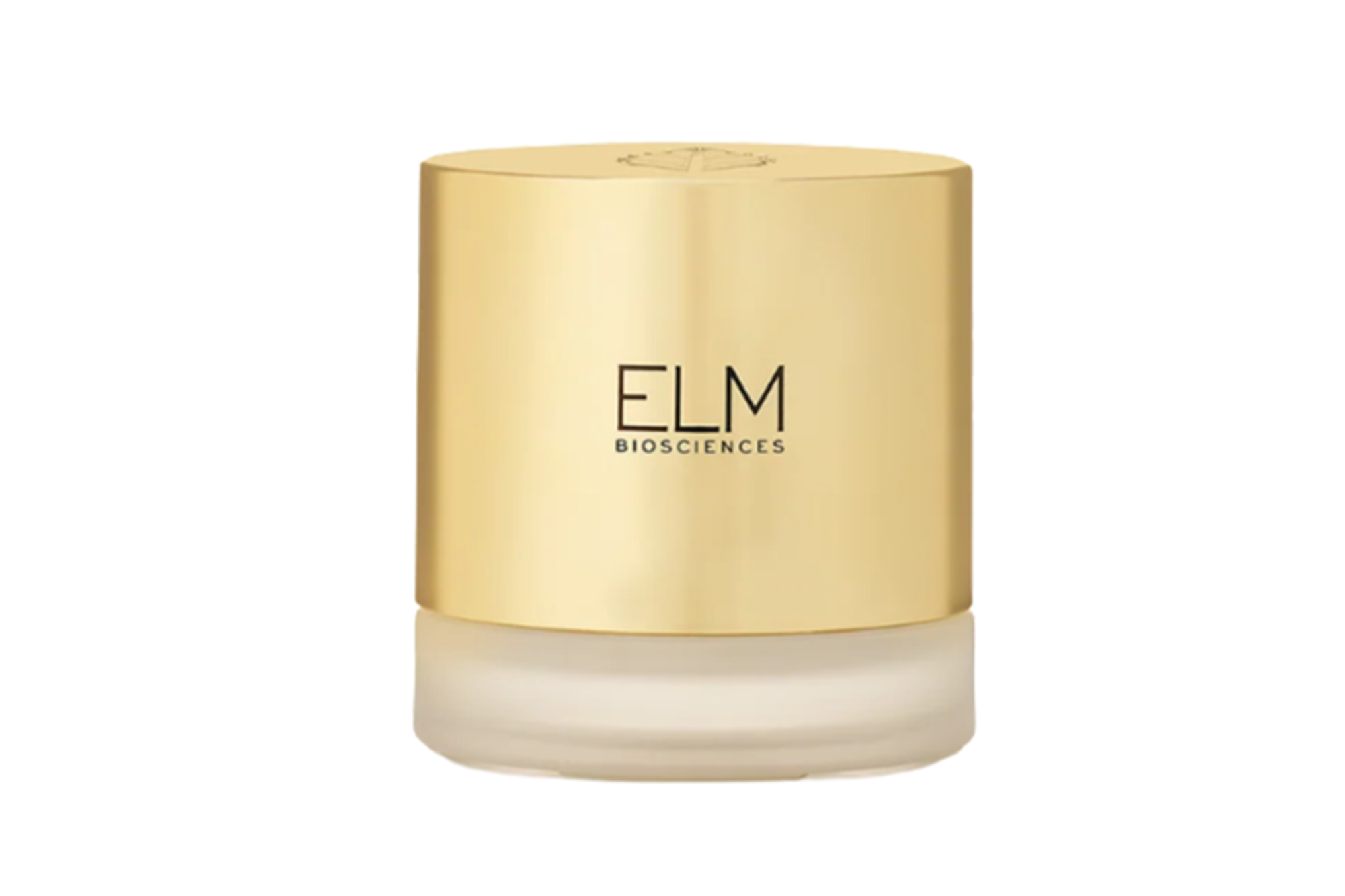 Elm Biosciences night cream in a gold and frosted glass jar.