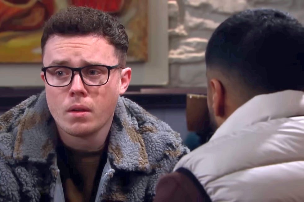 Emmerdale, Vinny Dingle and Kammy Hadiq emmerdale, vinny dingle looking sad as kammy hadiq, seen from behind, looks at him