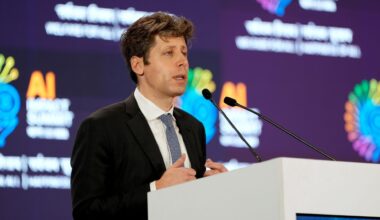 Sam Altman speaking at the India AI Impact Summit in February 2026