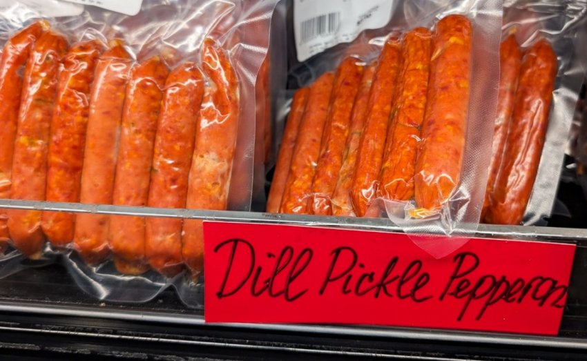 Packages of dill pickle pepperoni for sale at European Market in Calgary.