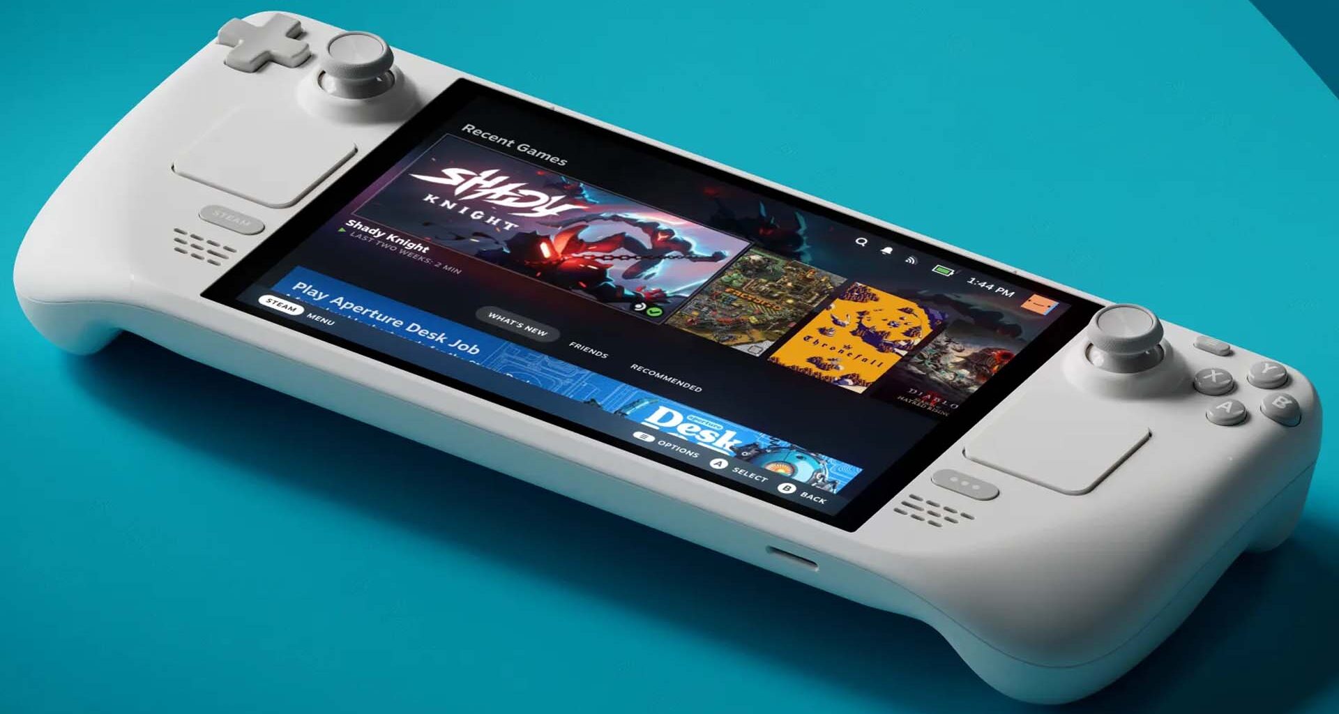 A Steam Deck sits on a table.