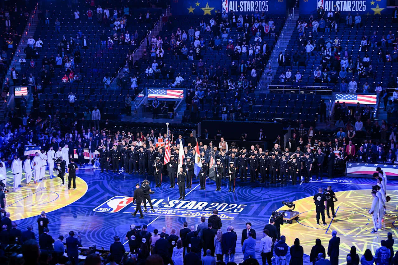 SAN FRANCISCO, CALIFORNIA - FEBRUARY 16: US National anthem is performing during the 2025 NBA All-Star night at Chase Center in San Francisco, California, United States on February 16, 2025. (Photo by Tayfun Coskun /Anadolu via Getty Images)