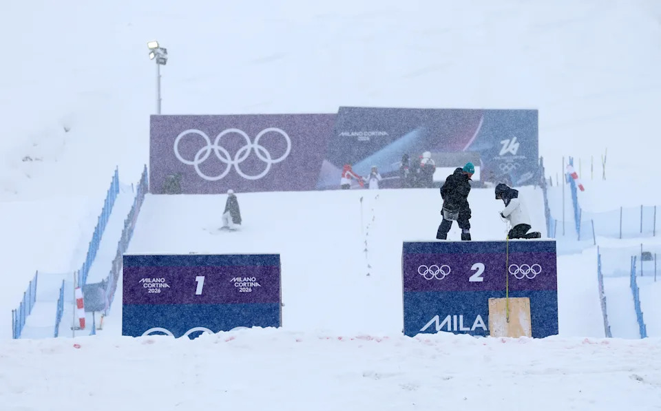LIVIGNO, ITALY - FEBRUARY 17: A general view of the course as the Women's Snowboard Slopestyle Final is postponed due to adverse weather on day eleven of the Milano Cortina 2026 Winter Olympic games at Livigno Snow Park on February 17, 2026 in Livigno, Italy. (Photo by Cameron Spencer/Getty Images)