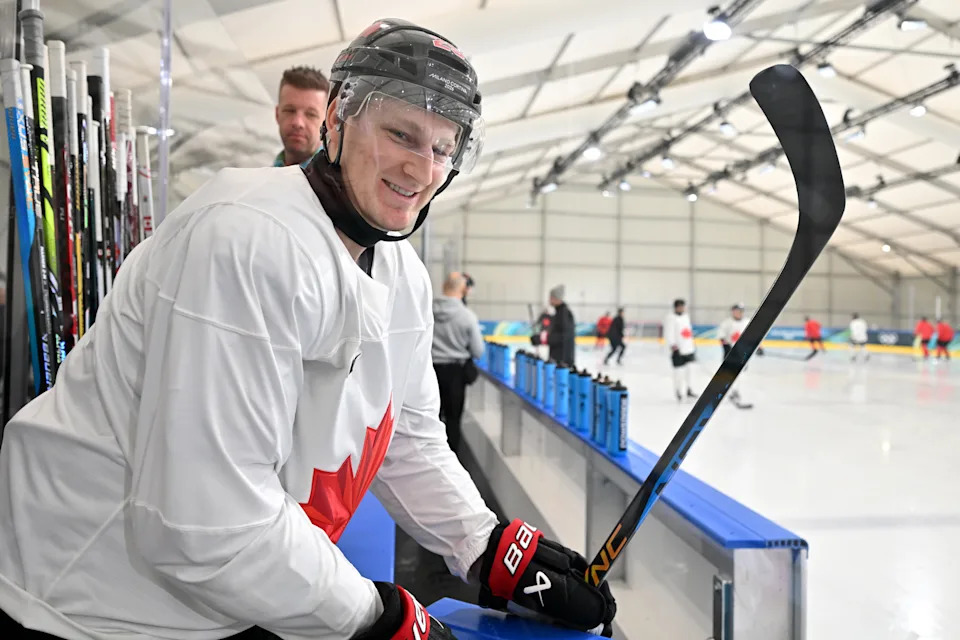 11 February 2026, Italy, Mailand: Olympia, Olympic Winter Games Milan Cortina 2026, ice hockey, men, training, Nathan MacKinnon (Canada) takes to the ice. Photo: Peter Kneffel/dpa (Photo by Peter Kneffel/picture alliance via Getty Images)
