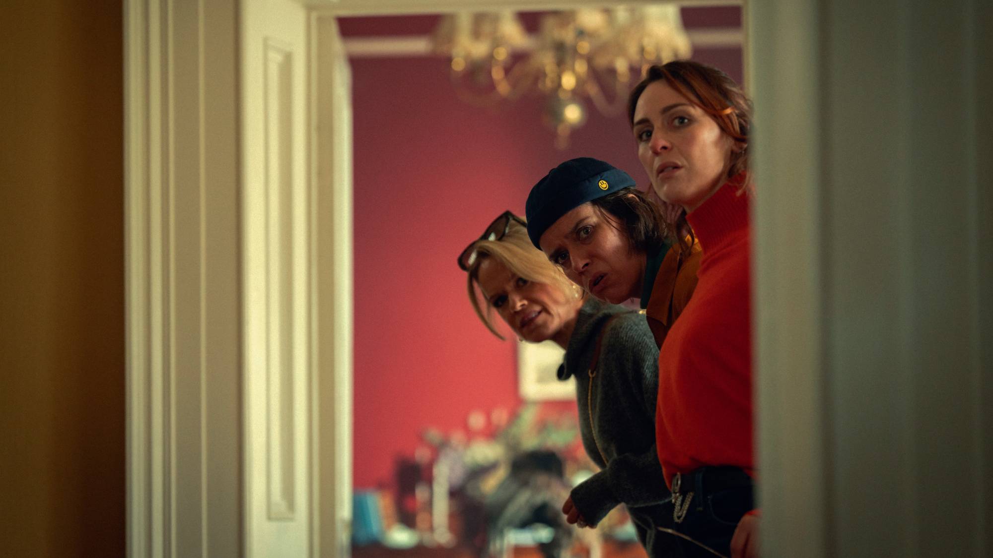 (L-R) Sin&eacute;ad Keenan as Robyn, Caoilfhionn Dunne as Dara and Roisin Gallagher as Saoirse in "How to Get to Heaven from Belfast"