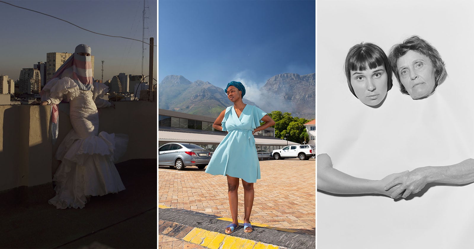 A collage of three photos: left, a person in a white dress and veil stands on a rooftop; center, a woman in a blue dress poses outdoors with mountains behind her; right, two women’s heads and hands appear isolated on a white background.